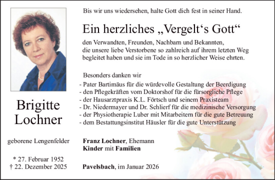 Traueranzeige von Brigitte Lochner von Neumarkter Tagblatt