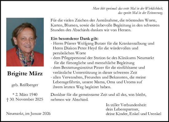 Traueranzeige von Brigitte März von Neumarkter Tagblatt