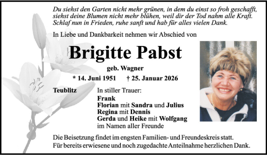 Traueranzeige von Brigitte Pabst von Mittelbayerische Zeitung Schwandorf