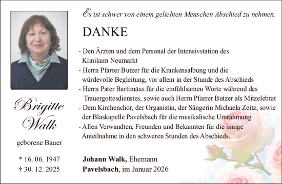 Traueranzeige von Brigitte Walk von Neumarkter Tagblatt