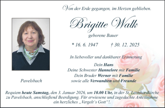 Traueranzeige von Brigitte Walk von Neumarkter Tagblatt