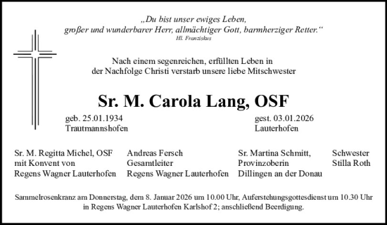 Traueranzeige von Carola Lang von Neumarkter Tagblatt