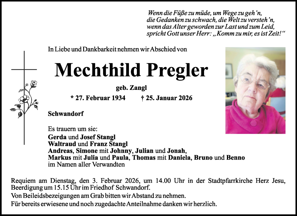  Traueranzeige für Mechthild Pregler vom 30.01.2026 aus Mittelbayerische Zeitung Schwandorf