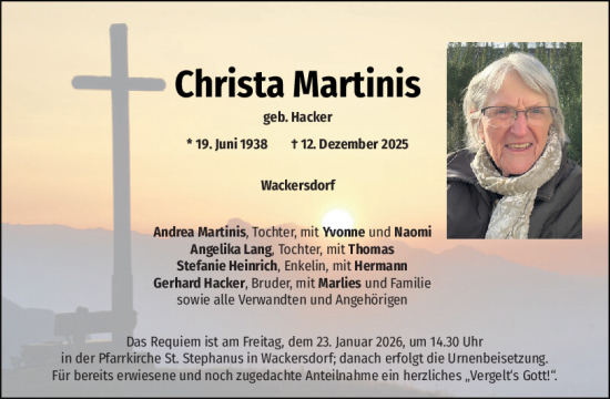 Traueranzeige von Christa Martinis von Mittelbayerische Zeitung Schwandorf