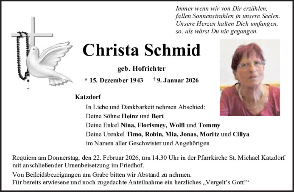  Traueranzeige für Christa Schmid vom 17.01.2026 aus Mittelbayerische Zeitung Schwandorf