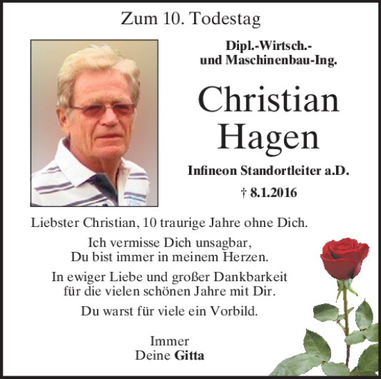 Traueranzeige von Christian Hagen von Mittelbayerische Zeitung Regensburg