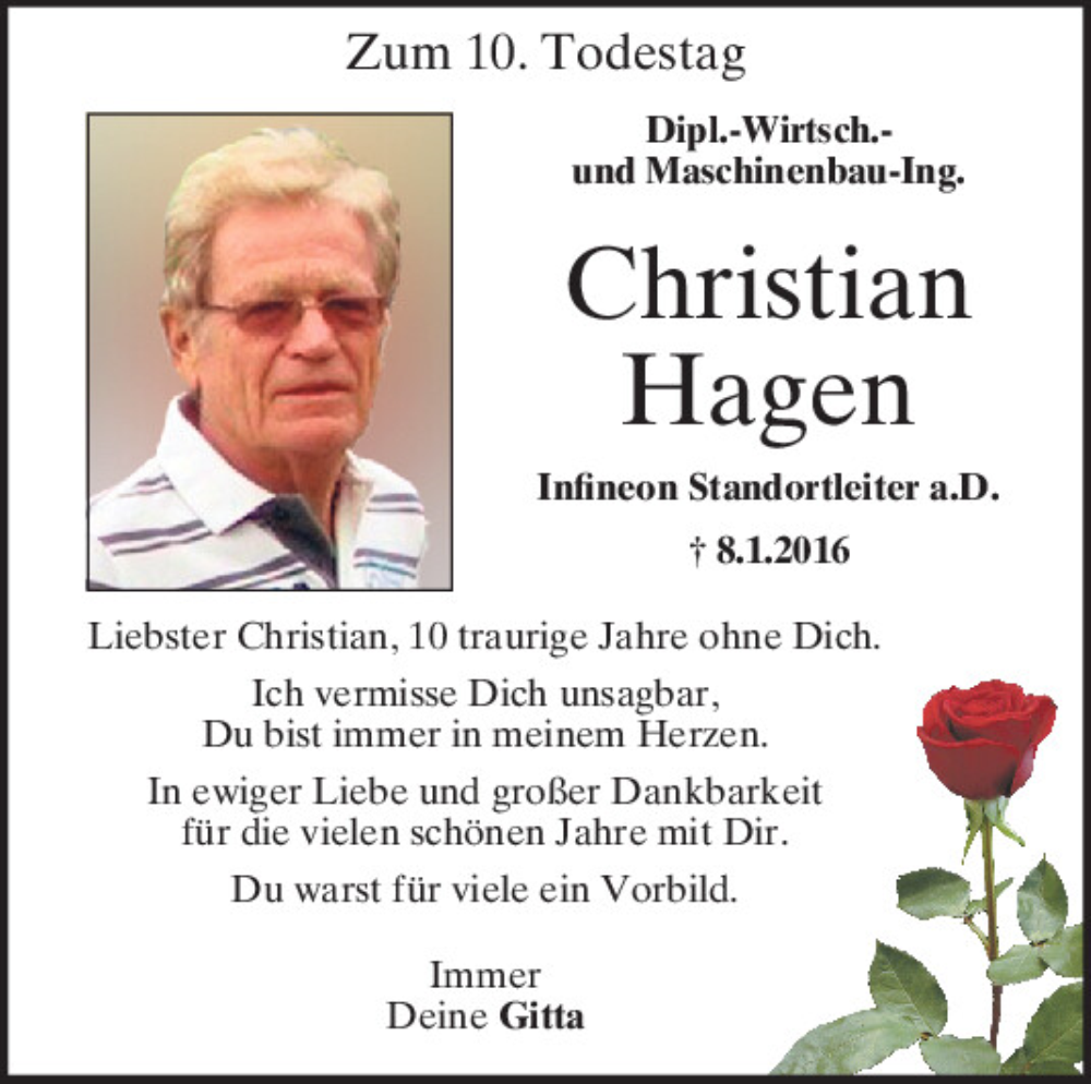  Traueranzeige für Christian Hagen vom 08.01.2026 aus Mittelbayerische Zeitung Regensburg