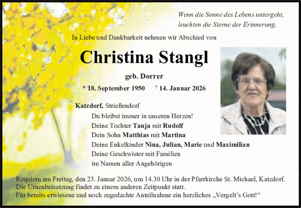  Traueranzeige für Christina Stangl vom 20.01.2026 aus Mittelbayerische Zeitung Schwandorf