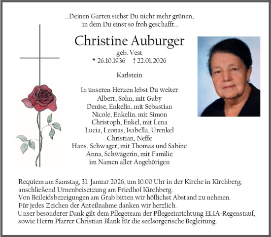 Traueranzeige von Christine Auburger von Mittelbayerische Zeitung Regensburg