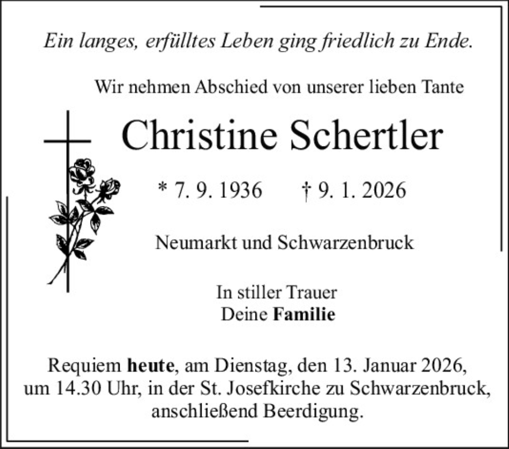  Traueranzeige für Christine Schertler vom 13.01.2026 aus Neumarkter Tagblatt