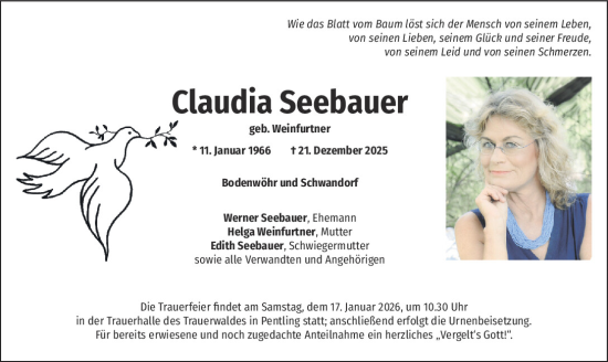 Traueranzeige von Claudia Seebauer von Mittelbayerische Zeitung Schwandorf