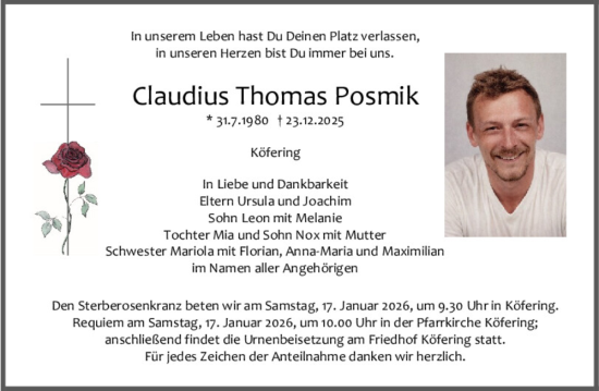Traueranzeige von Claudius Thomas Posmik von Mittelbayerische Zeitung Regensburg