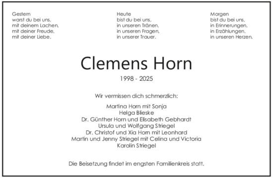 Traueranzeige von Clemens Horn von Mittelbayerische Zeitung Regensburg