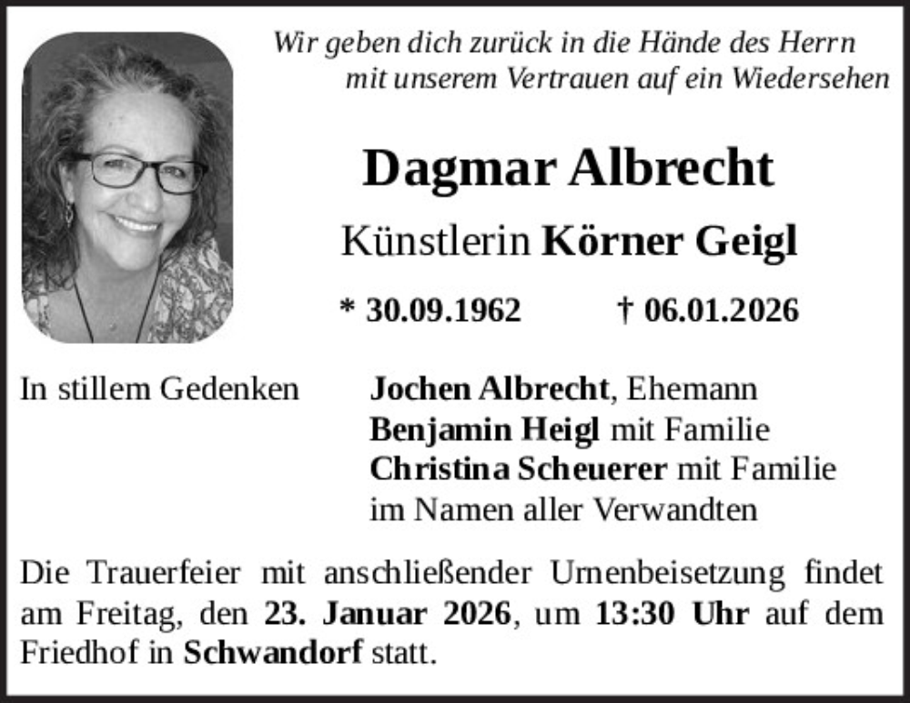  Traueranzeige für Dagmar Albrecht vom 17.01.2026 aus Mittelbayerische Zeitung Schwandorf
