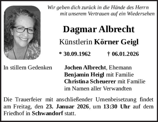 Traueranzeige von Dagmar Albrecht von Mittelbayerische Zeitung Schwandorf