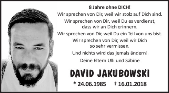 Traueranzeige von David Jakubowski von Mittelbayerische Zeitung Kelheim