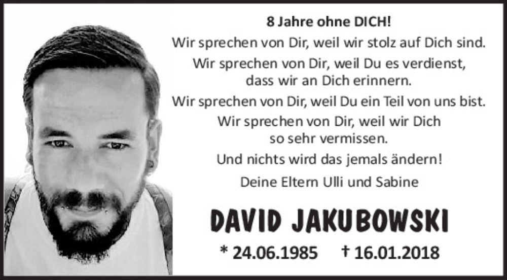 Traueranzeige für David Jakubowski vom 16.01.2026 aus Mittelbayerische Zeitung Kelheim