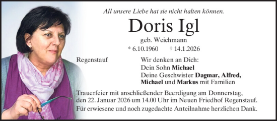 Traueranzeige von Doris Igl von Mittelbayerische Zeitung Regensburg