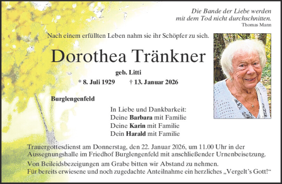 Traueranzeige von Dorothea Tränkner von Mittelbayerische Zeitung Schwandorf