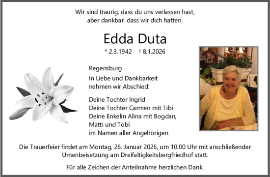 Traueranzeige von Edda Duta von Mittelbayerische Zeitung Regensburg