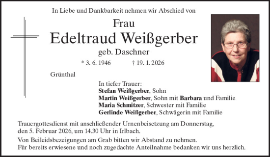 Traueranzeige von Edeltraud Weißgerber von Mittelbayerische Zeitung Regensburg