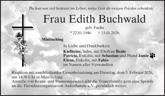 Traueranzeige von Edith Buchwald von Mittelbayerische Zeitung Regensburg