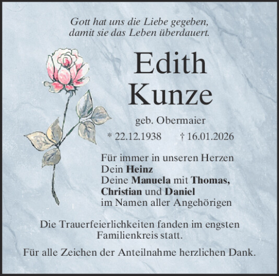 Traueranzeige von Edith Kunze von Mittelbayerische Zeitung Regensburg