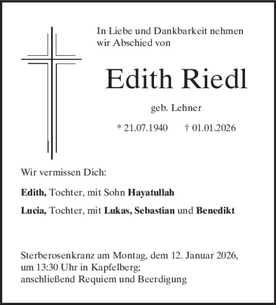 Traueranzeige von Edith Riedl von Mittelbayerische Zeitung Regensburg