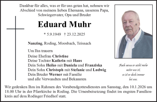 Traueranzeige von Eduard Muhr von Bayerwald Echo