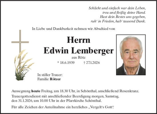 Traueranzeige von Edwin Lemberger von Bayerwald Echo