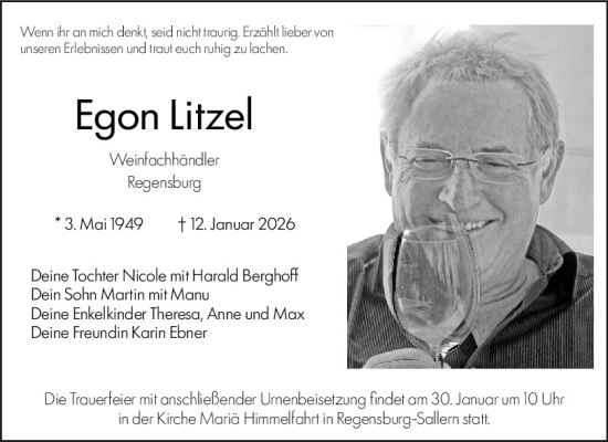 Traueranzeige von Egon Litzel von Mittelbayerische Zeitung Regensburg, Bayerwald Echo