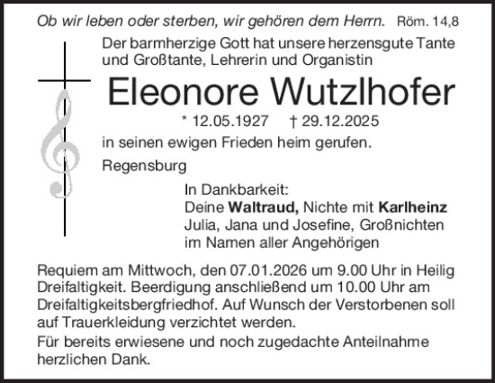 Traueranzeige von Eleonore Wutzlhofer von Mittelbayerische Zeitung Regensburg
