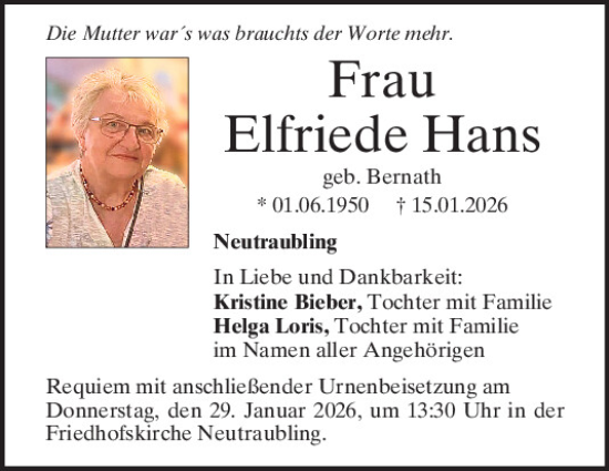 Traueranzeige von Elfriede Hans von Mittelbayerische Zeitung Regensburg