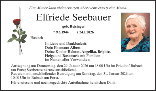 Traueranzeige von Elfriede Seebauer von Mittelbayerische Zeitung Regensburg