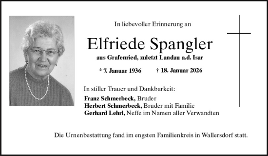 Traueranzeige von Elfriede Spangler von Mittelbayerische Zeitung Regensburg