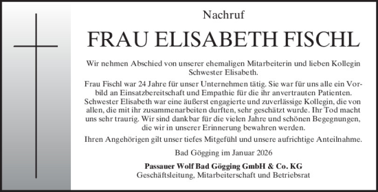 Traueranzeige von Elisabeth Fischl von Mittelbayerische Zeitung Kelheim