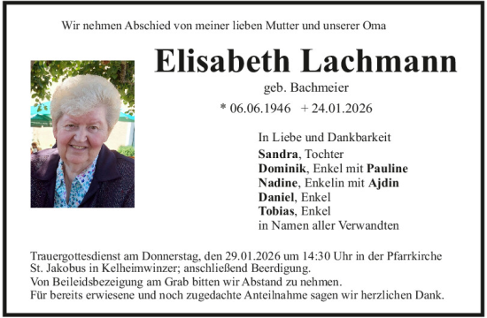 Traueranzeige von Elisabeth Lachmann von Mittelbayerische Zeitung Kelheim