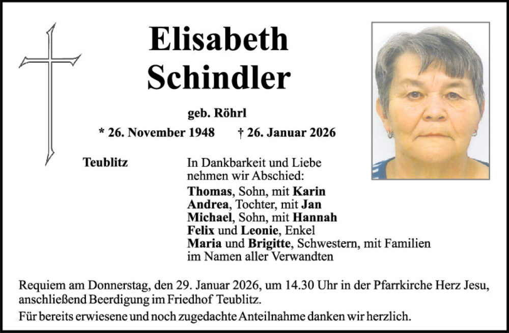  Traueranzeige für Elisabeth Schindler vom 28.01.2026 aus Mittelbayerische Zeitung Schwandorf
