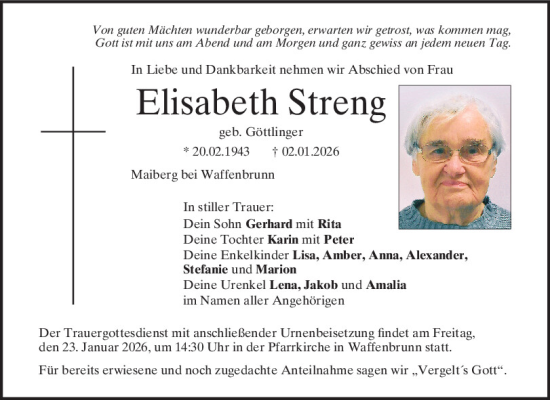 Traueranzeige von Elisabeth Streng von Bayerwald Echo