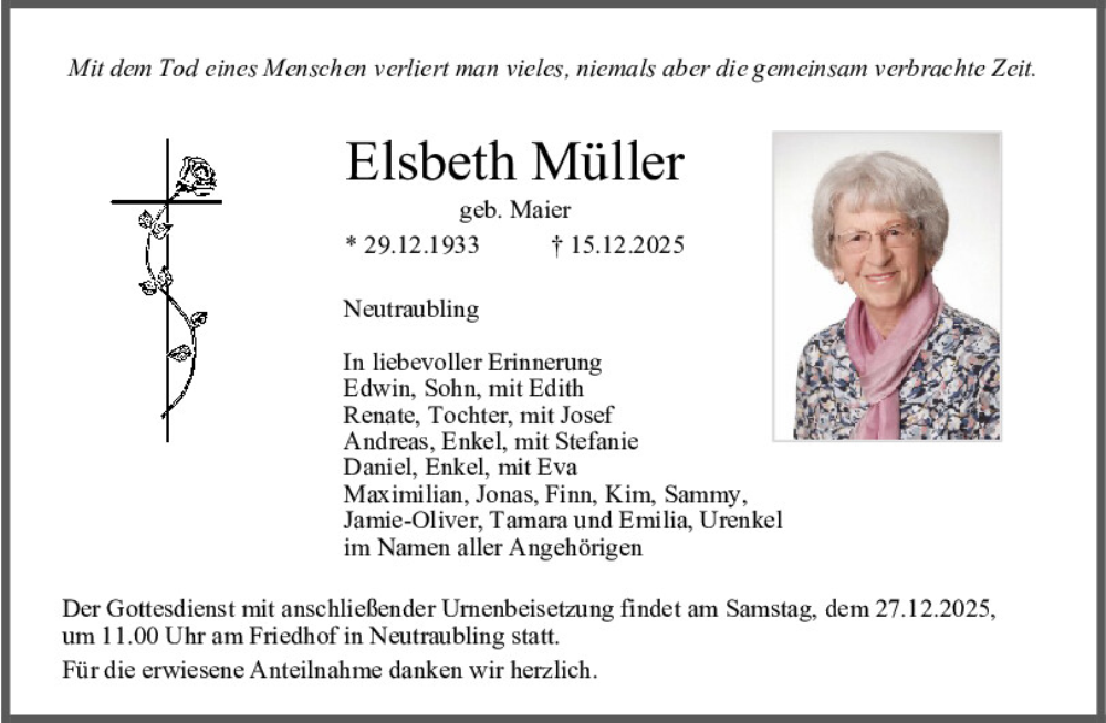  Traueranzeige für Elsbeth Müller vom 20.12.2025 aus Mittelbayerische Zeitung Regensburg