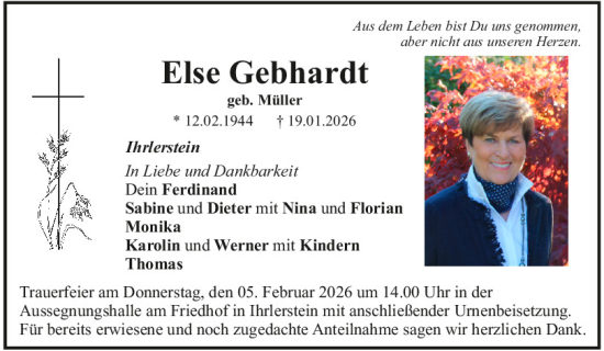 Traueranzeige von Else Gebhardt von Mittelbayerische Zeitung Kelheim