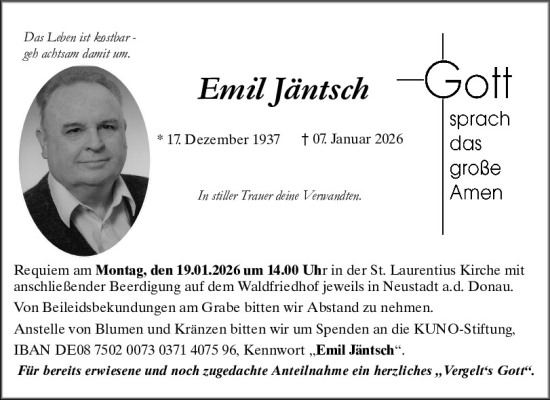 Traueranzeige von Emil Jäntsch von Mittelbayerische Zeitung Kelheim