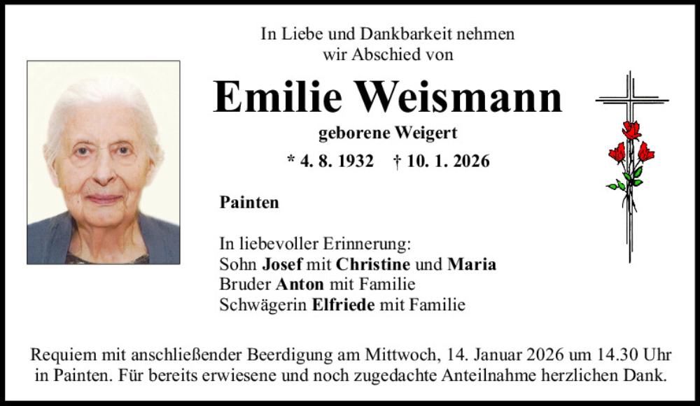  Traueranzeige für Emilie Weismann vom 13.01.2026 aus Mittelbayerische Zeitung Kelheim