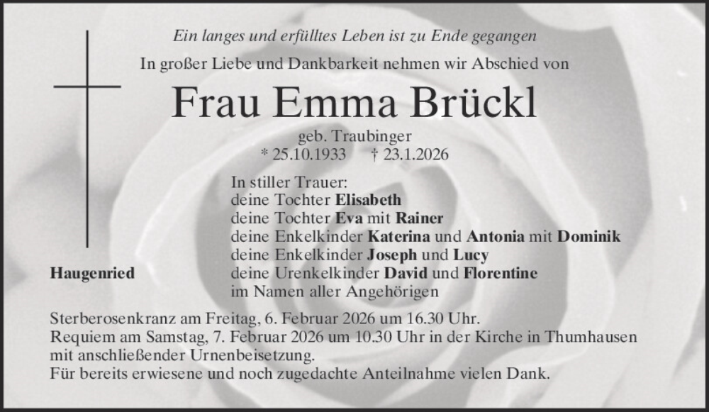  Traueranzeige für Emma Brückl vom 31.01.2026 aus Mittelbayerische Zeitung Regensburg