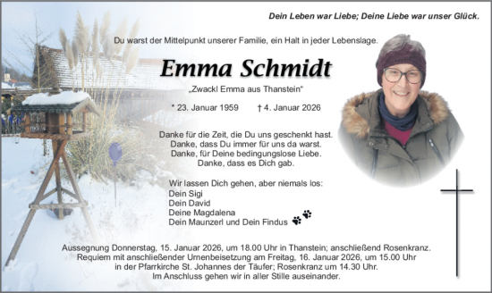 Traueranzeige von Emma Schmidt von Mittelbayerische Zeitung Schwandorf