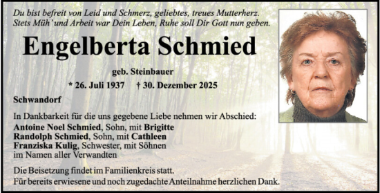 Traueranzeige von Engelberta Schmied von Mittelbayerische Zeitung Schwandorf