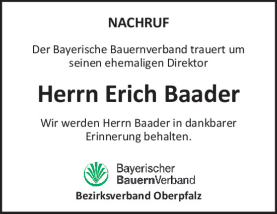 Traueranzeige von Erich Baader von Mittelbayerische Zeitung Gesamtausgabe