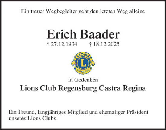 Traueranzeige von Erich Baader von Mittelbayerische Zeitung Regensburg