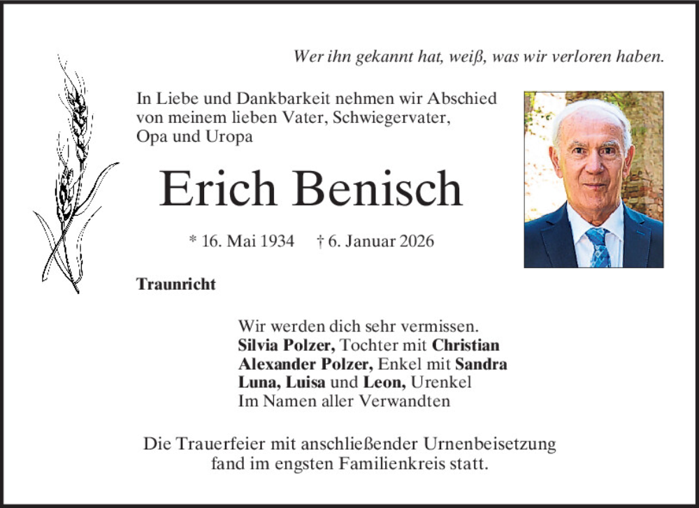  Traueranzeige für Erich Benisch vom 17.01.2026 aus Mittelbayerische Zeitung Schwandorf