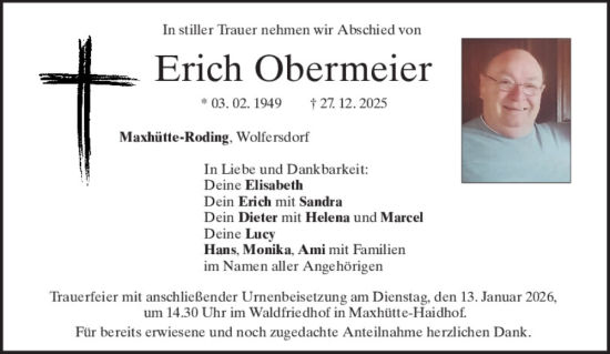 Traueranzeige von Erich Obermeier von Mittelbayerische Zeitung Schwandorf
